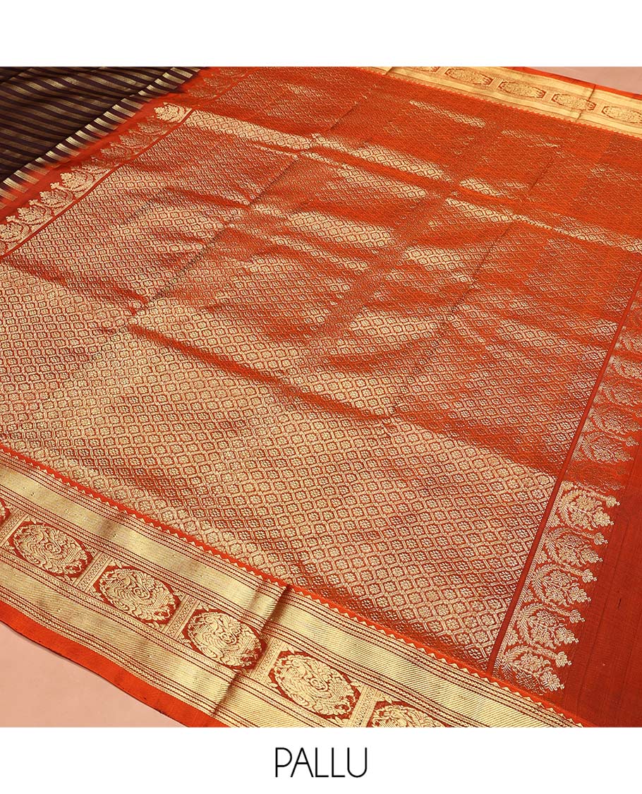 Brown Venkatagiri Silk Saree, Bedecked with Zari Stripes All Over Its Body, Complemented by a Contrast Traditional Zari Border of Round Peacock Designs, Jaal Design Pallu, and Paired with a Contrast Blouse - Image 5