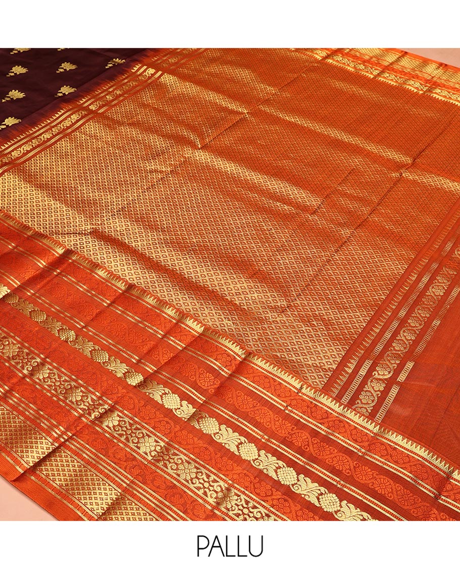 Brown Venkatagiri Silk Saree, Spotlighted with Zari Buttas All Over Its Body, Complemented by a Contrast Border of Temple, Floral, and Peacock-Eye Designs, Pallu of Peacock Eye Designs, and Paired with a Contrast Blouse - Image 4