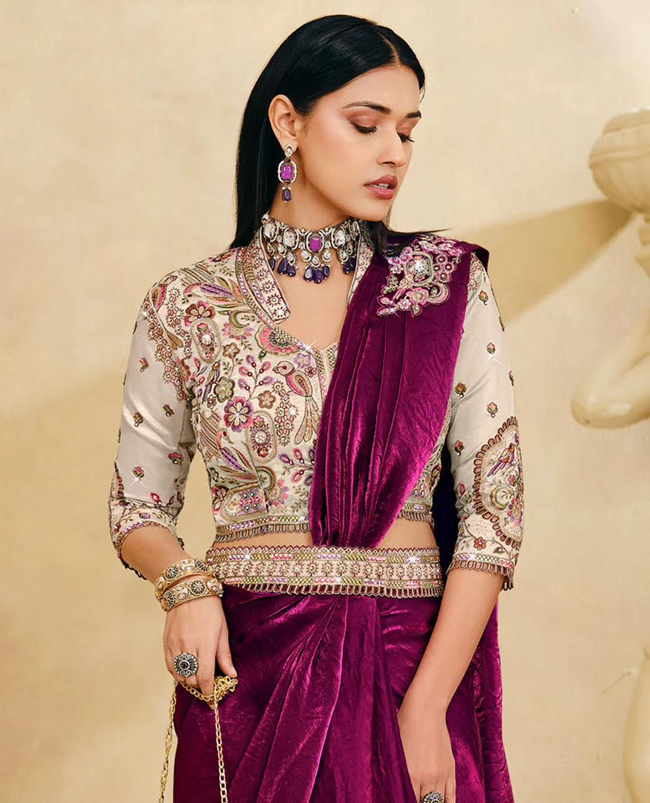 Maroon Plain Party Wear Designer Saree, Complemented with a Contrast Round Neck Heavy Embroidered 3/4th Sleeve Readymade Blouse, Detachable Embroidered Belt, and a Free Embroidered Flap Sling Bag - Image 2