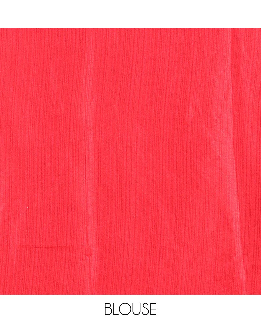 Cream and Red Satin Crepe Saree Adorned with Shibori Prints, Complemented by Contrast Shibori Printed Border, Pallu Decked Up with Shibori Prints, and Paired with a Plain Blouse - Image 3