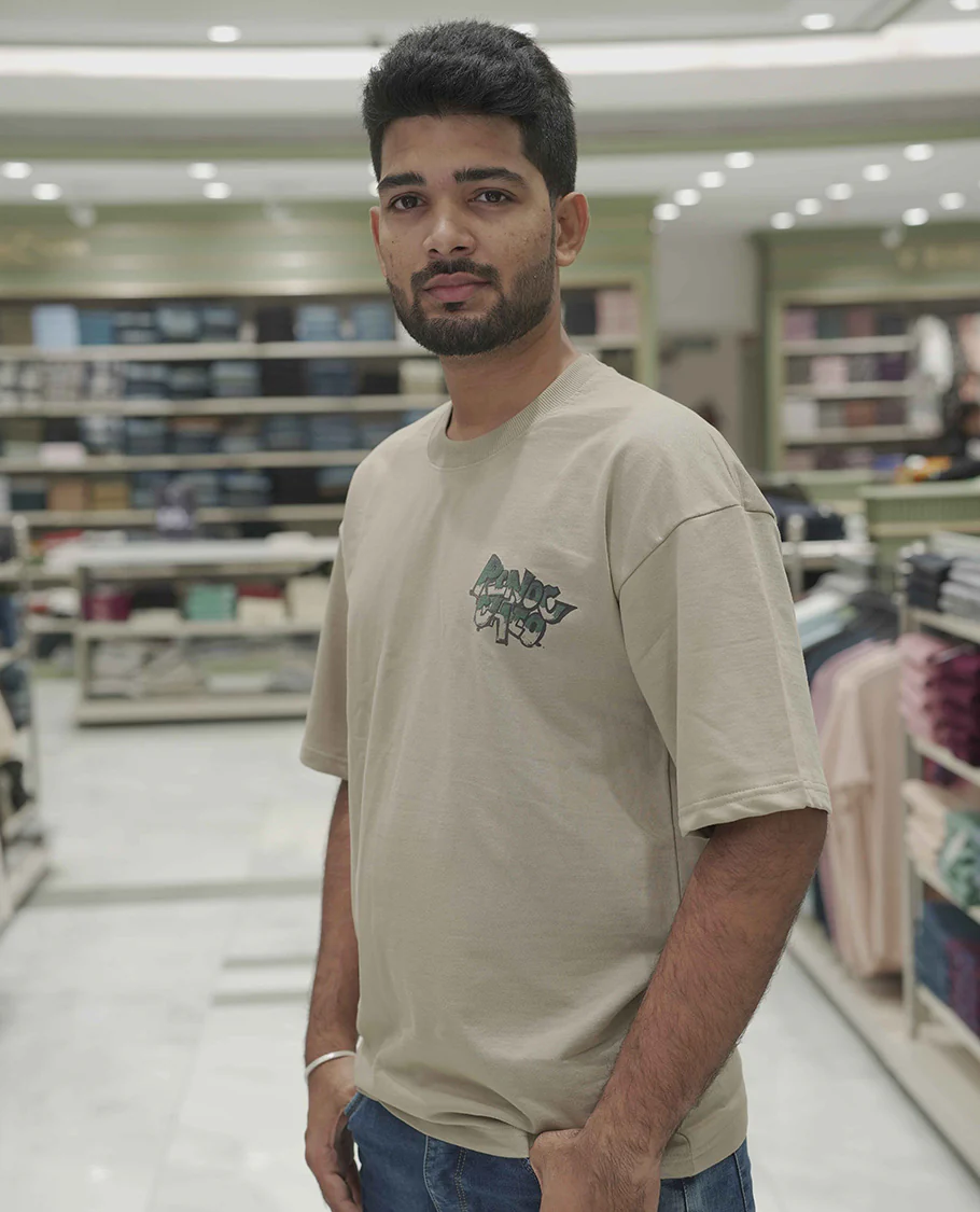 Cream Cotton-Blended Oversized T-Shirt, Elevated with Multi-Color Funky Motifs Front and Back Print, Comes with a Crew-Neck, Half-Sleeves, and Long Length - Image 3