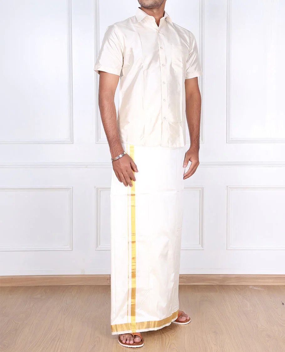 Cream diamond design zari border pure silk kancheepuram wedding double-layer dhoti - Image 4