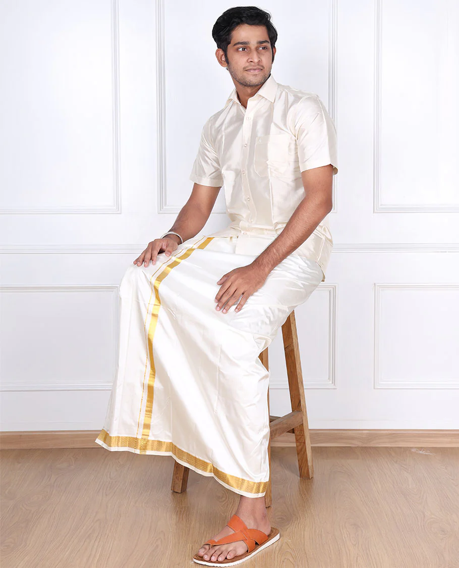 Cream diamond design zari border pure silk kancheepuram wedding double-layer dhoti - Image 5