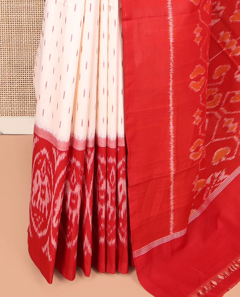 Cream Ikkat Cotton Saree, Features Ikkat Buttas All Over Its Body, Complemented by a Contrast Ikkat-Style Round Elephant Border, Intricately Designed Pallu, and Has No Blouse - Image 3