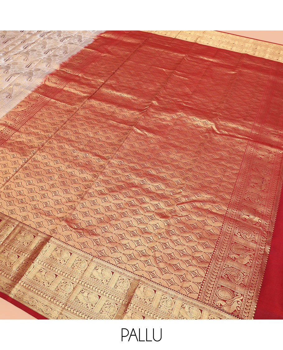 Cream Kanchipuram Silk Saree Artfully Woven with Bird Jacquard Design, Complemented by Contrast Border of Rekku, Mayil, Arumbu Manga, and Chakram Designs, Elegantly Highlighted Pallu of Geometric Patterns, and Paired with a Contrast Blouse - Image 5