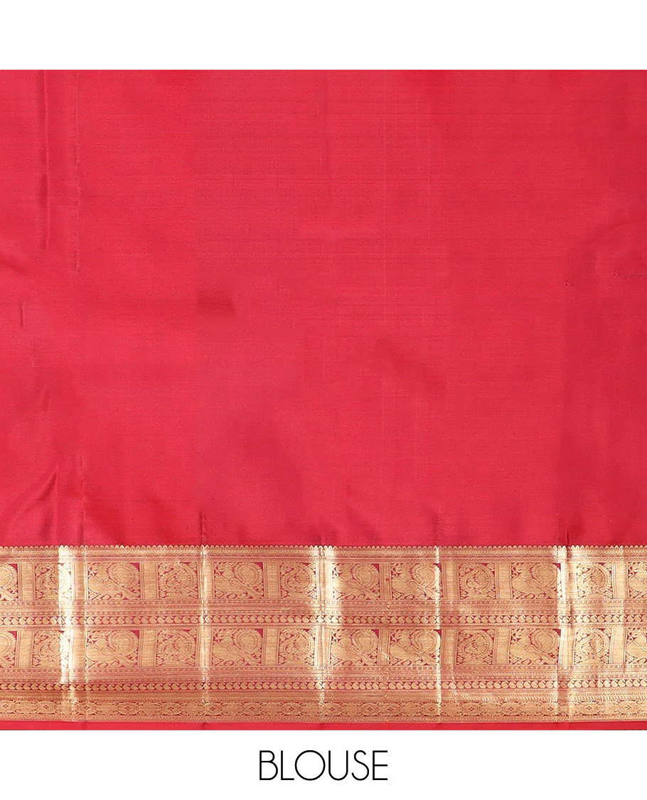 Cream Kanchipuram Silk Saree Artfully Woven with Bird Jacquard Design, Complemented by Contrast Border of Rekku, Mayil, Arumbu Manga, and Chakram Designs, Elegantly Highlighted Pallu of Geometric Patterns, and Paired with a Contrast Blouse - Image 6