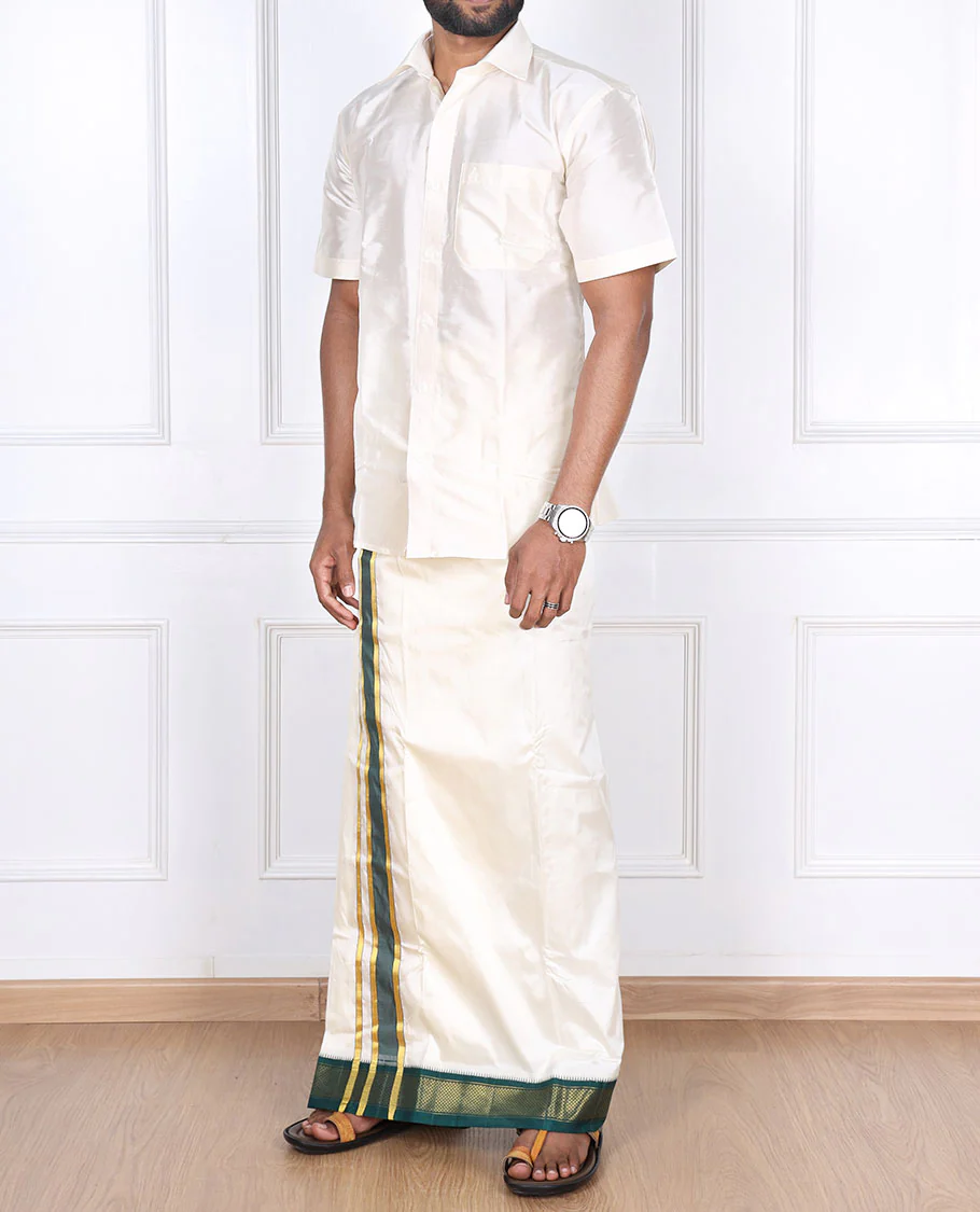 Cream pure silk kancheepuram wedding double-layer dhoti contrast green traditional zari border - Image 3