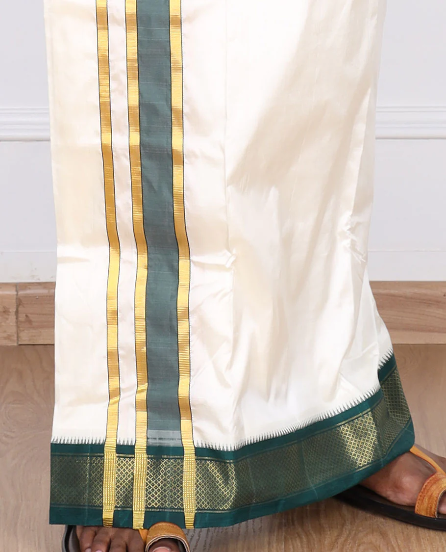 Cream pure silk kancheepuram wedding double-layer dhoti contrast green traditional zari border - Image 4