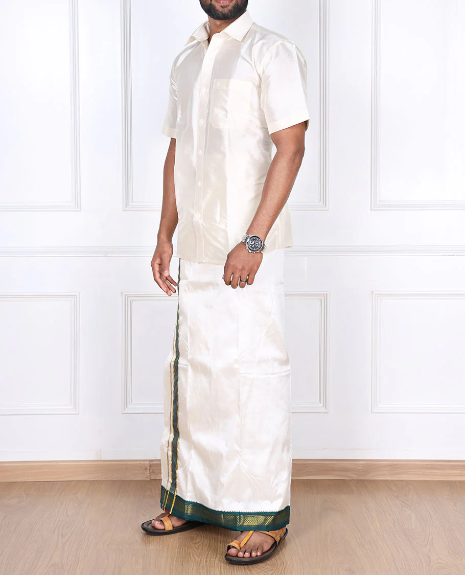 Cream pure silk kancheepuram wedding double-layer dhoti contrast green traditional zari border - Image 3