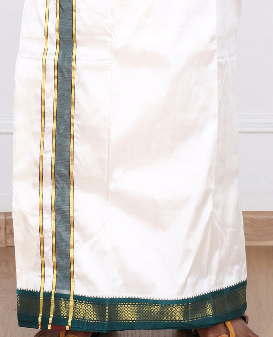 Cream pure silk kancheepuram wedding double-layer dhoti contrast green traditional zari border - Image 4