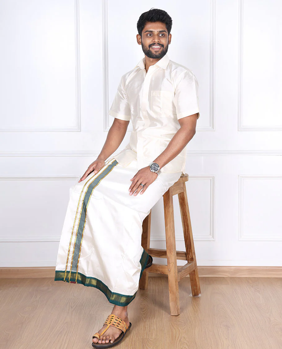 Cream pure silk kancheepuram wedding double-layer dhoti contrast green traditional zari border - Image 5