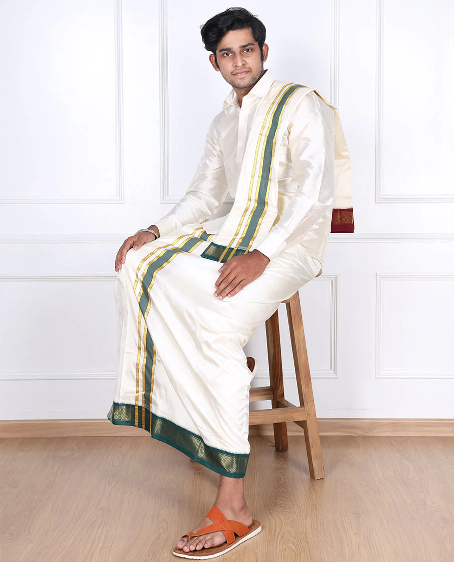 Cream pure silk kancheepuram wedding double-layer dhoti & angavastram with contrast green traditional zari border - Image 5