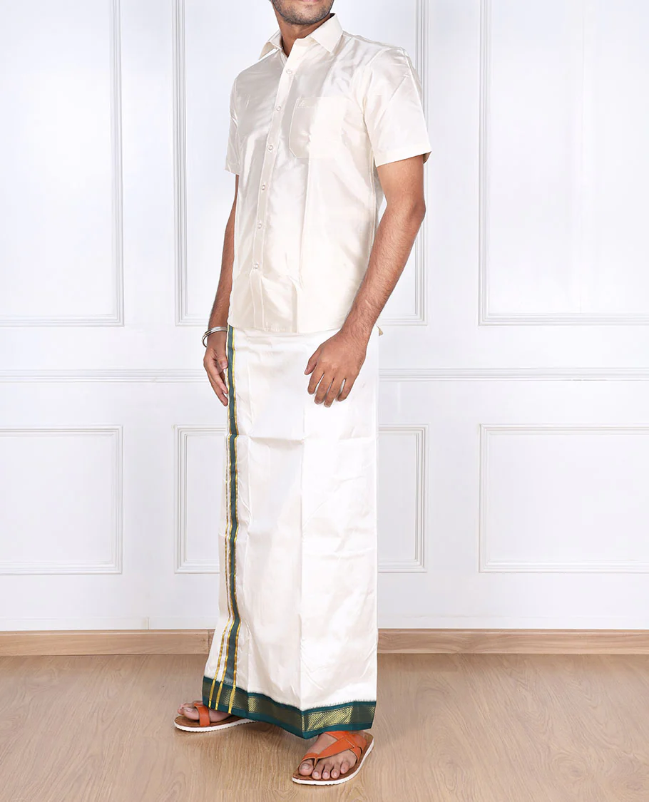 Cream pure silk kancheepuram wedding double-layer dhoti contrast green traditional zari border - Image 3