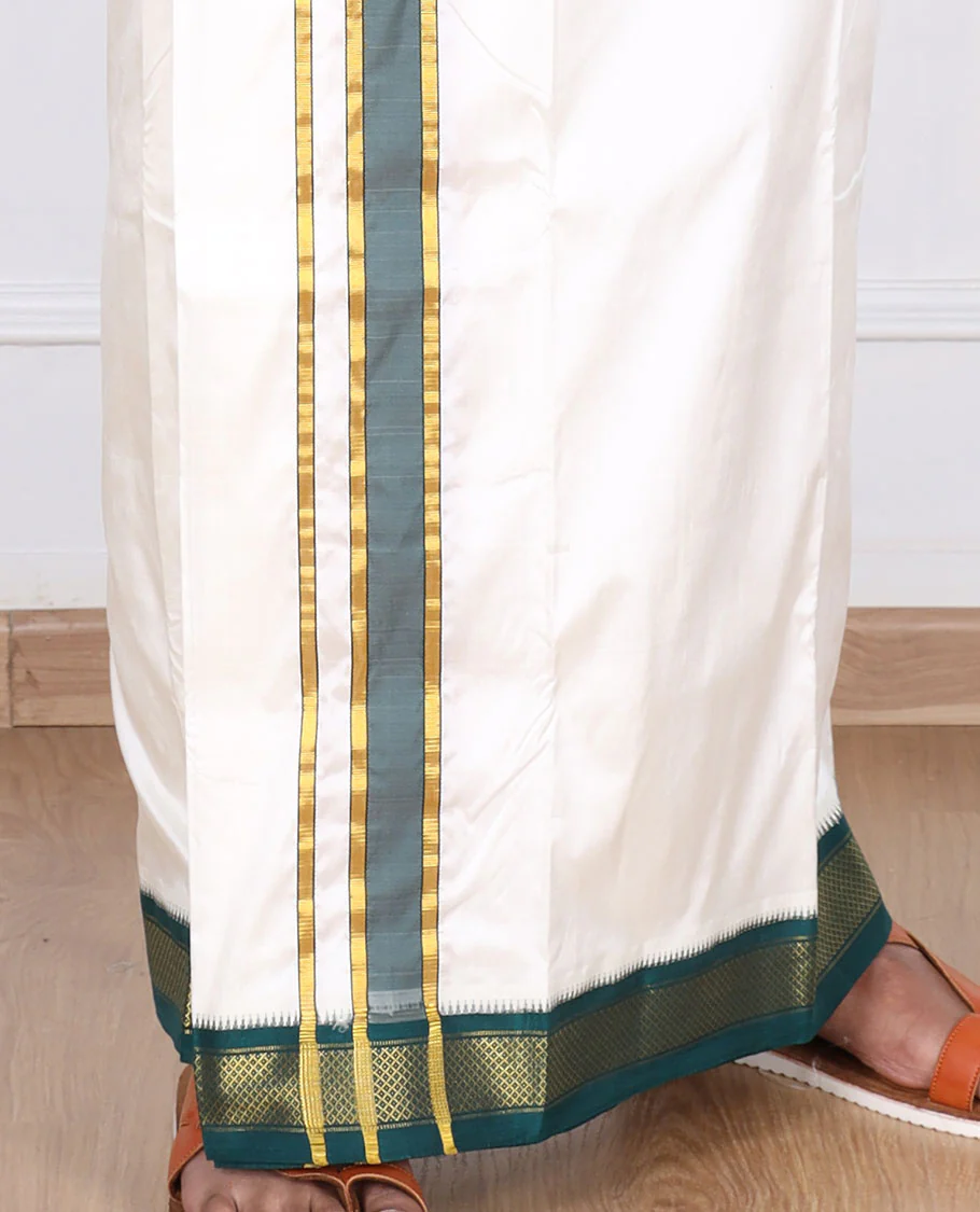 Cream pure silk kancheepuram wedding double-layer dhoti contrast green traditional zari border - Image 4