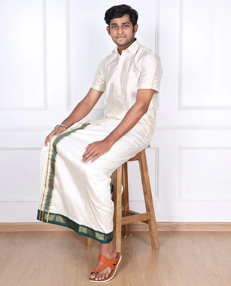 Cream pure silk kancheepuram wedding double-layer dhoti contrast green traditional zari border - Image 5