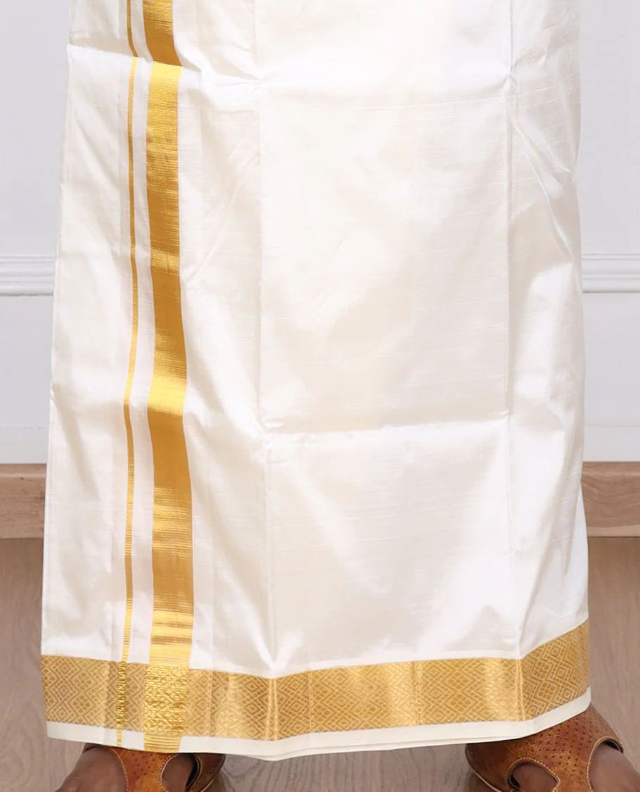 Cream pure silk kancheepuram wedding double-layer dhoti & angavastram with intricate zari border - Image 4