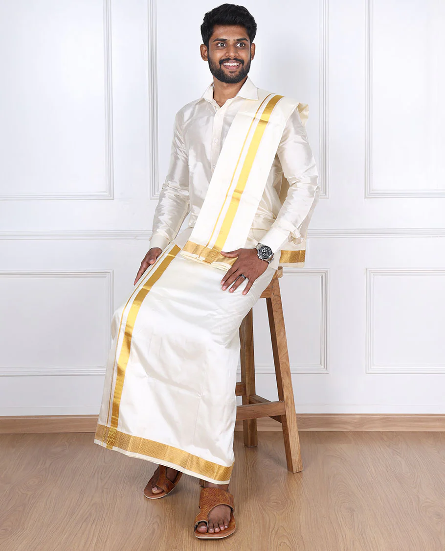 Cream pure silk kancheepuram wedding double-layer dhoti & angavastram with intricate zari border - Image 5