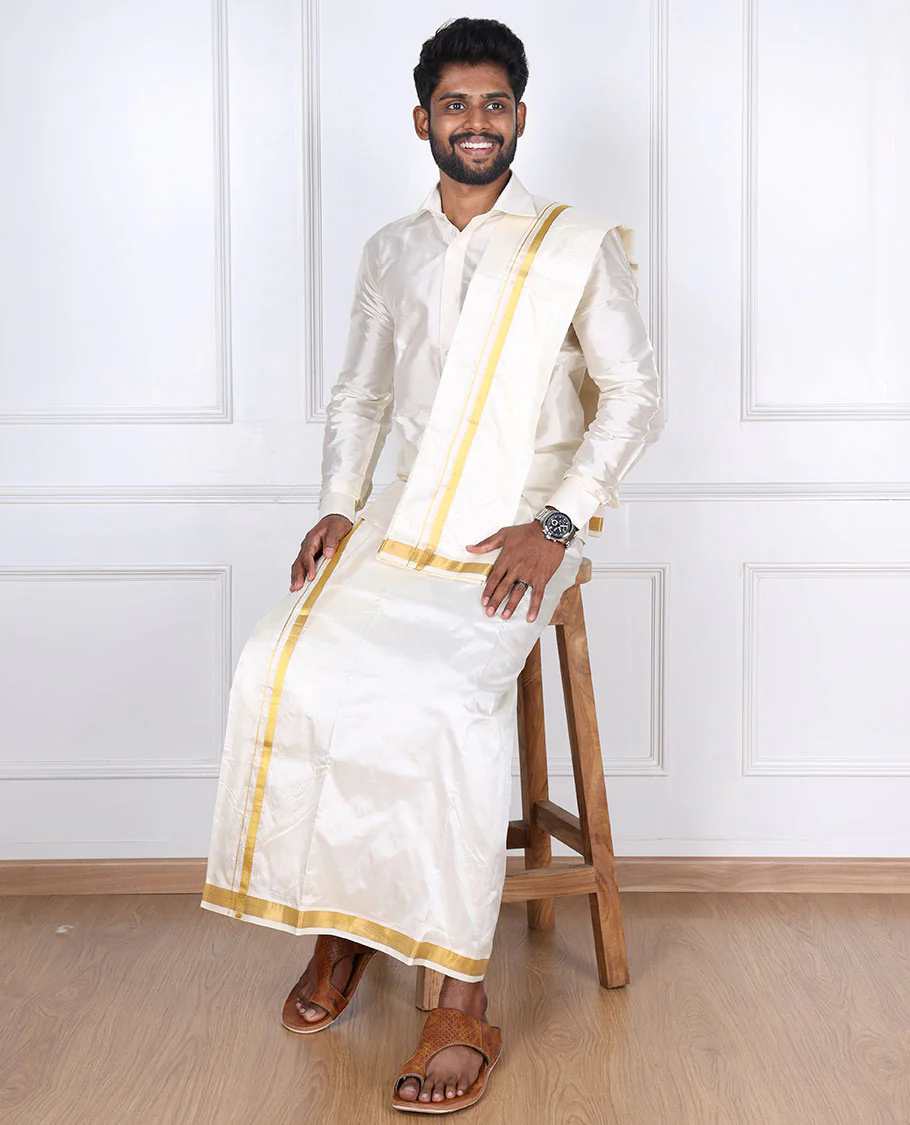 Cream pure silk kancheepuram wedding double-layer dhoti & angavastram with traditional kuyil kann zari border - Image 5