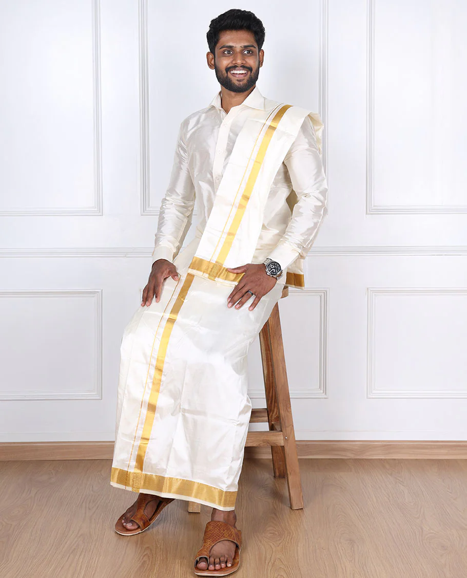 Cream pure silk kancheepuram wedding double-layer dhoti & angavastram with traditional kuyil kann zari border - Image 5