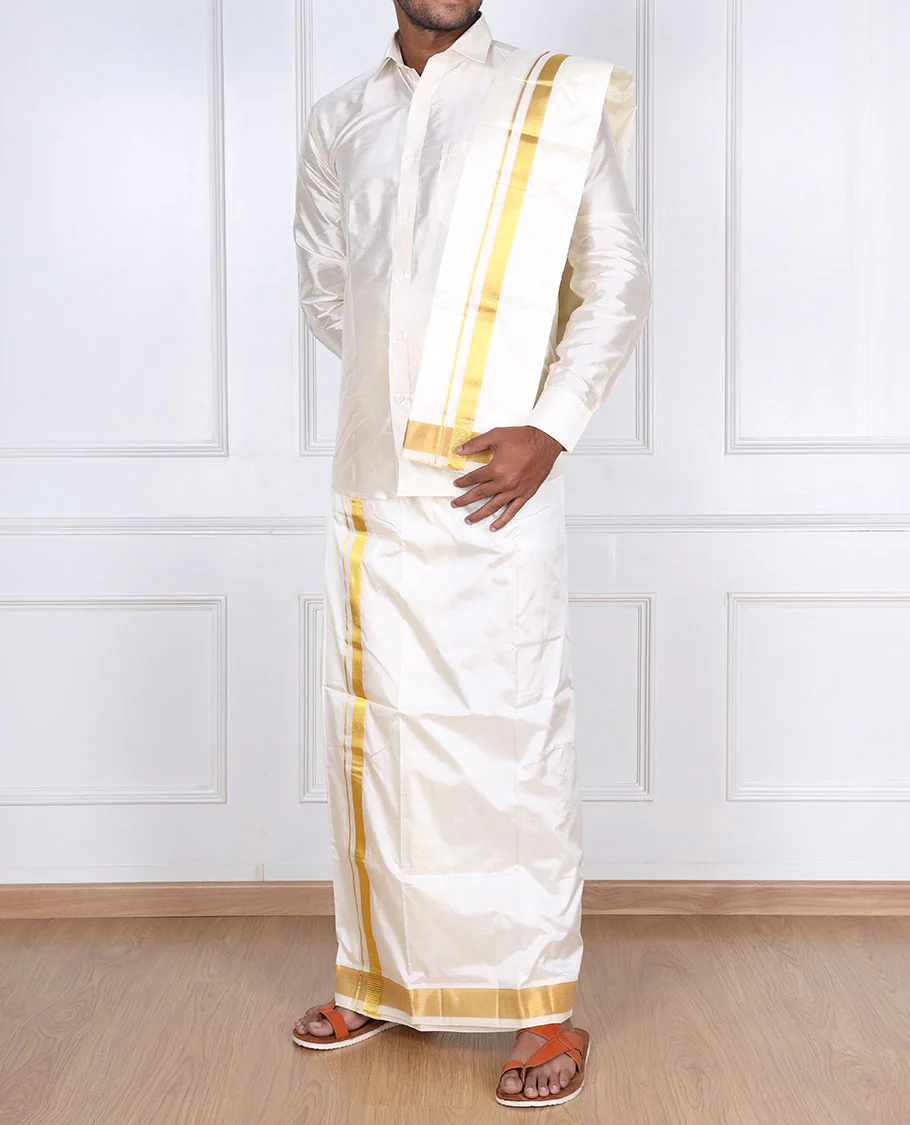 Cream pure silk kancheepuram wedding double-layer dhoti & angavastram with traditional kuyil kann zari border - Image 3
