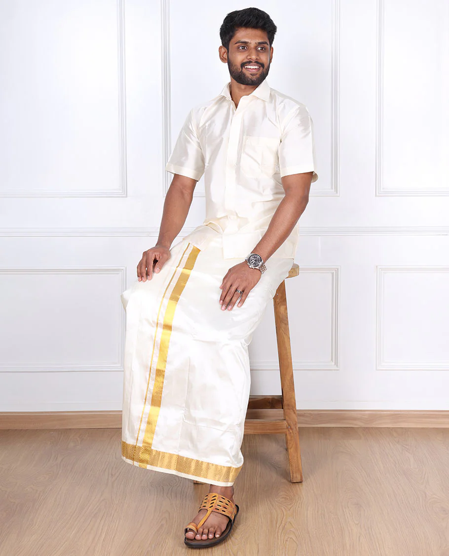 Cream pure silk kancheepuram wedding double-layer dhoti with diamond design zari border - Image 5