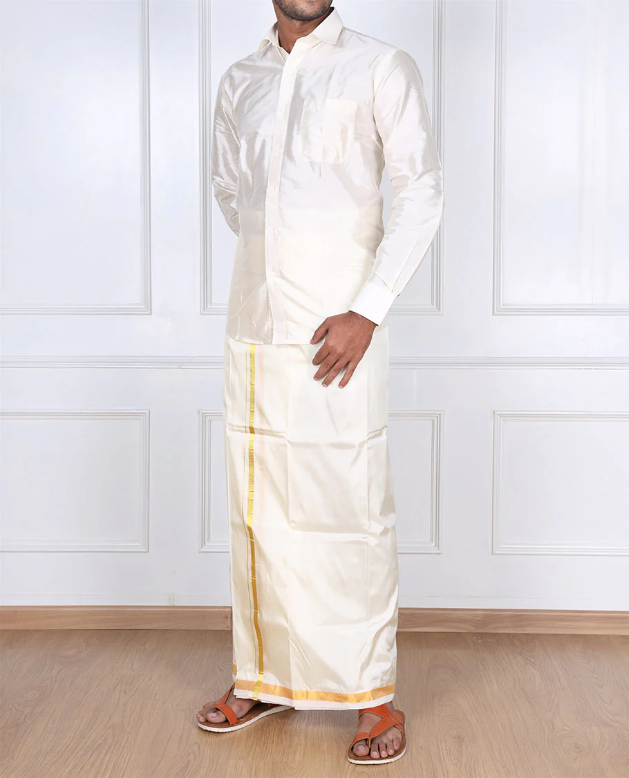 Cream puresilk & polyester mix double-layer dhoti with a thin gold zari border - Image 3