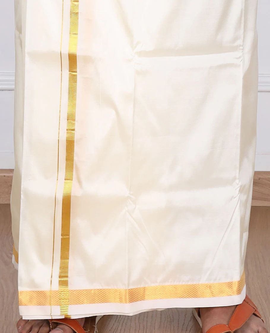 Cream puresilk & polyester mix double-layer dhoti with a thin gold zari border - Image 4