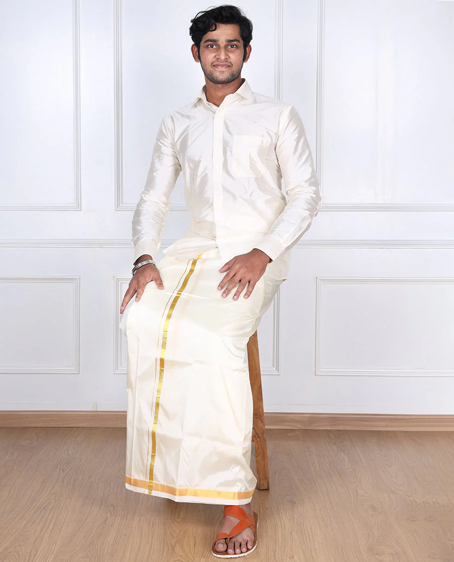 Cream puresilk & polyester mix double-layer dhoti with a thin gold zari border - Image 5