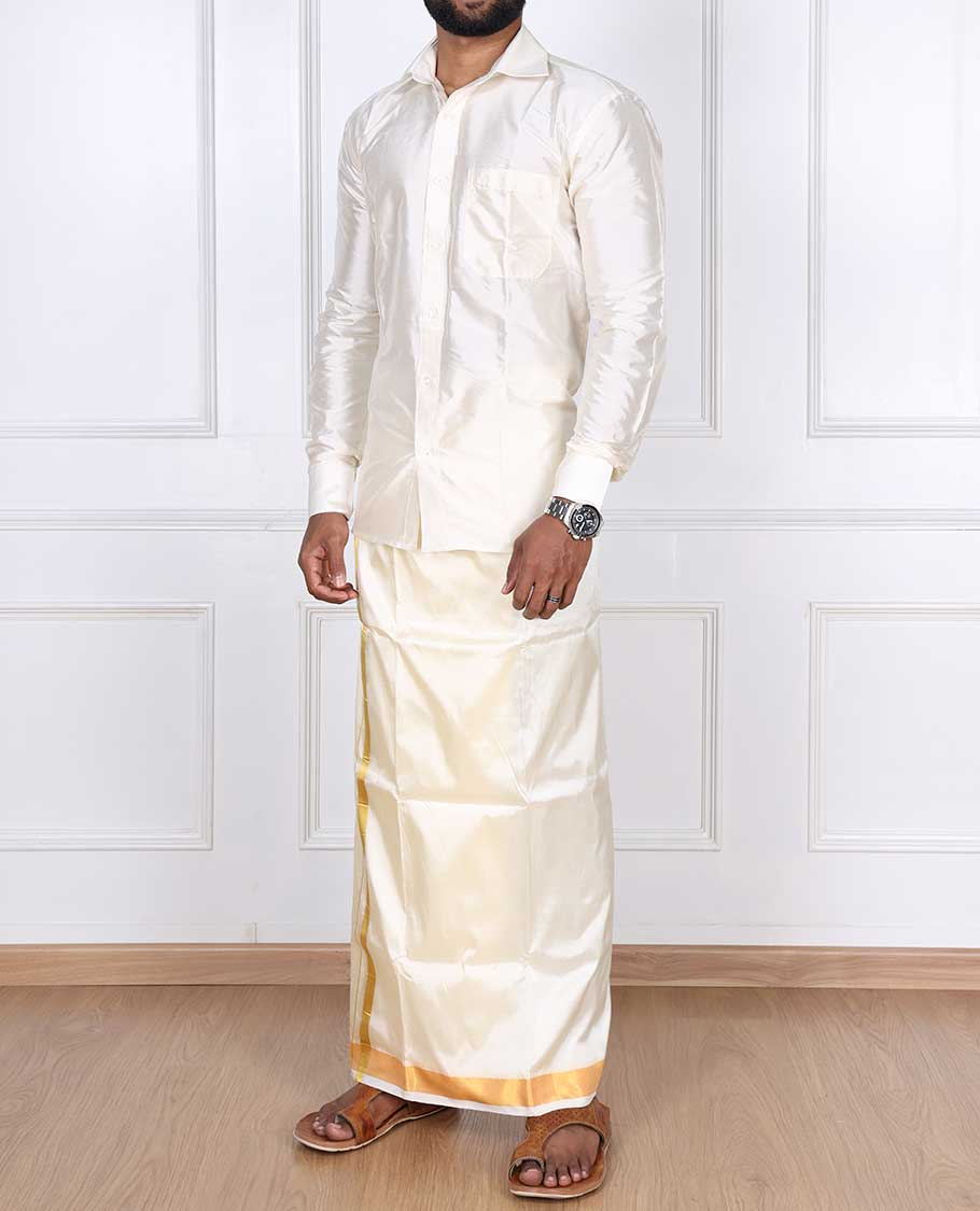 Cream puresilk & polyester mix double-layer dhoti with gold zari border - Image 3