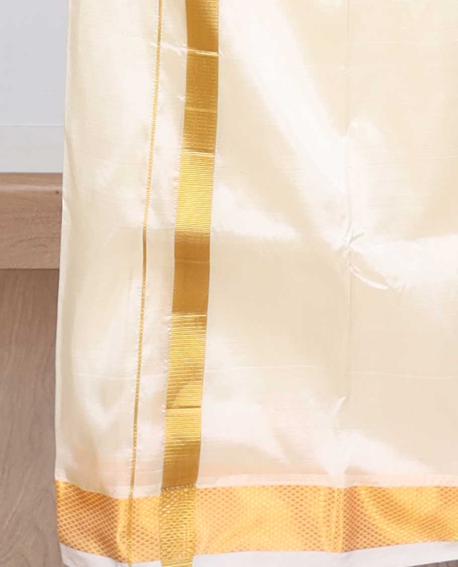 Cream puresilk & polyester mix double-layer dhoti with gold zari border - Image 4