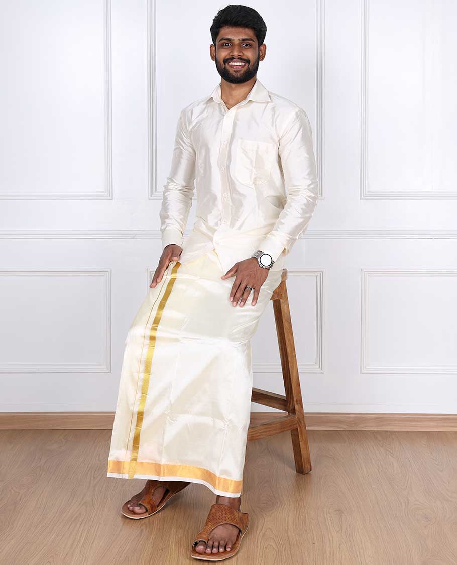 Cream puresilk & polyester mix double-layer dhoti with gold zari border - Image 5