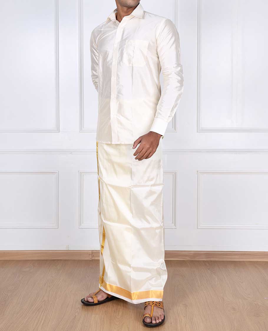 Cream puresilk & polyester mix double-layer dhoti with gold zari border - Image 3