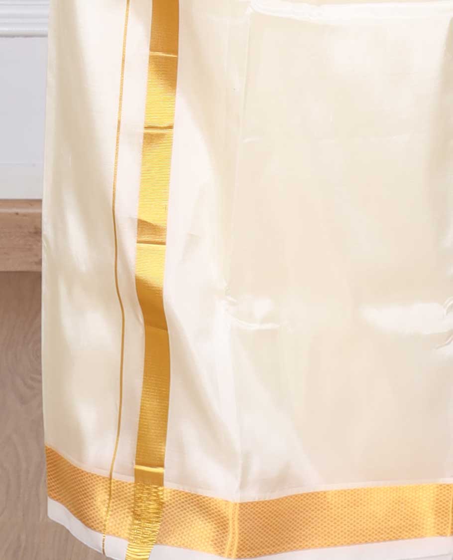 Cream puresilk & polyester mix double-layer dhoti with gold zari border - Image 4