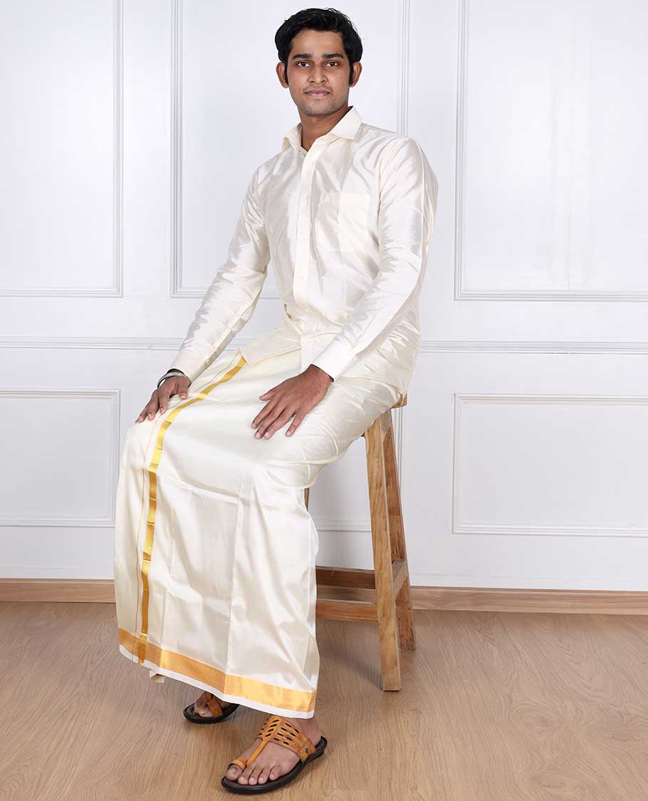 Cream puresilk & polyester mix double-layer dhoti with gold zari border - Image 5
