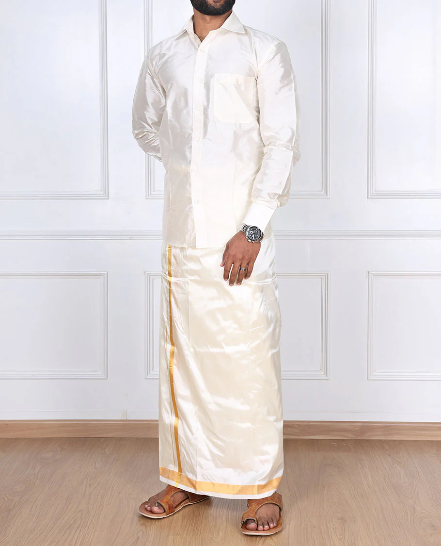 Cream puresilk & polyester mix double-layer dhoti with gold zari border - Image 3