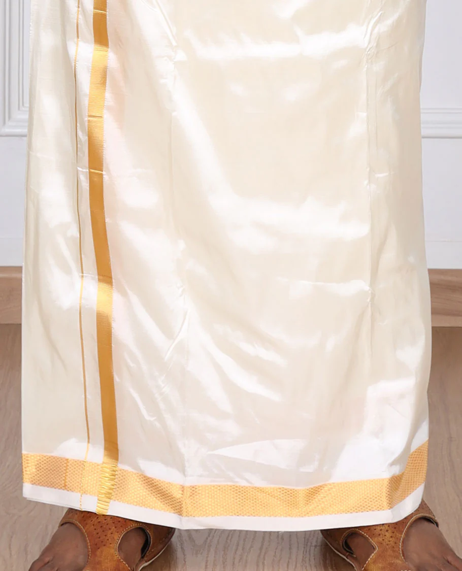 Cream puresilk & polyester mix double-layer dhoti with gold zari border - Image 4