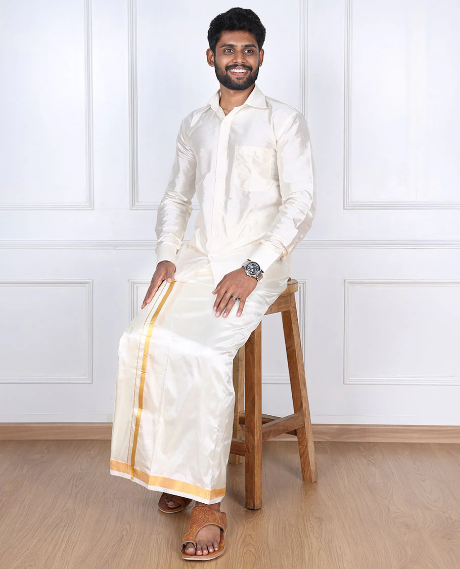 Cream puresilk & polyester mix double-layer dhoti with gold zari border - Image 5