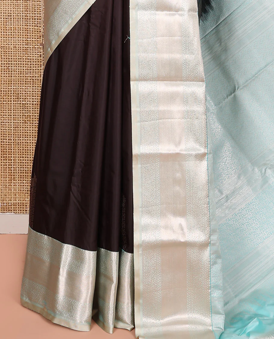 Dark Brown Budget Silk Saree, Majestically Detailed with Zari Buttas All Over Its Body, Complemented by a Contrast Border of Traditional Zari Designs, Beautifully Bedecked Pallu, and Paired with a Contrast Blouse - Image 3