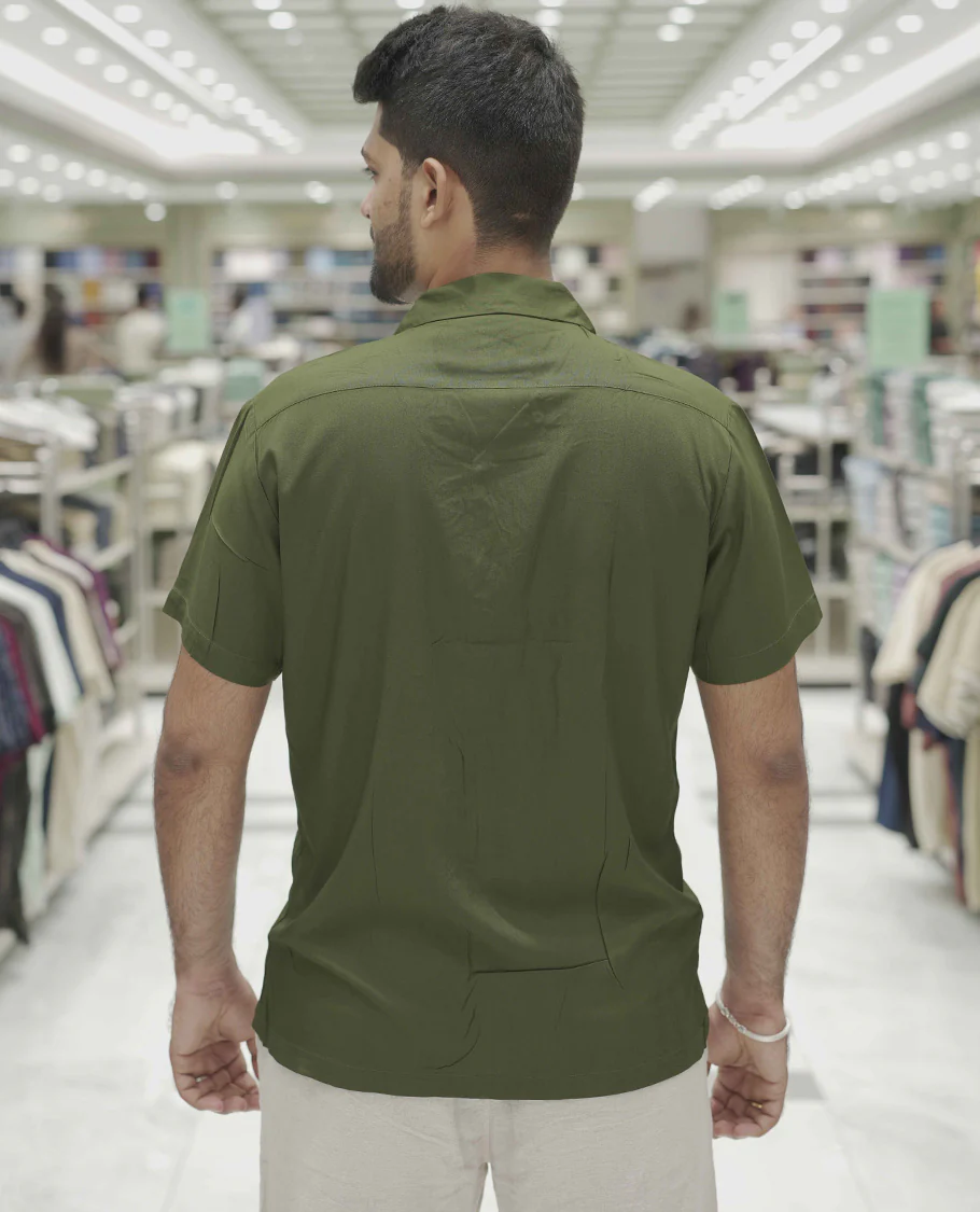 Dark Green Cotton-Blended Casual Shirt, Subtle Sparkled with Contemporary Prints, Comes with a Cuban Collar, Half-Sleeves, Regular Fit, and Regular Length - Image 4