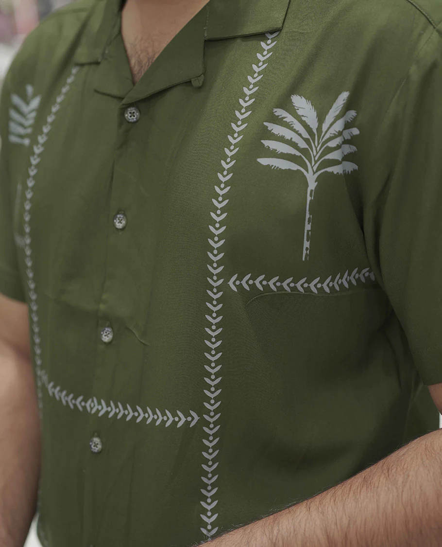 Dark Green Cotton-Blended Casual Shirt, Subtle Sparkled with Contemporary Prints, Comes with a Cuban Collar, Half-Sleeves, Regular Fit, and Regular Length - Image 5