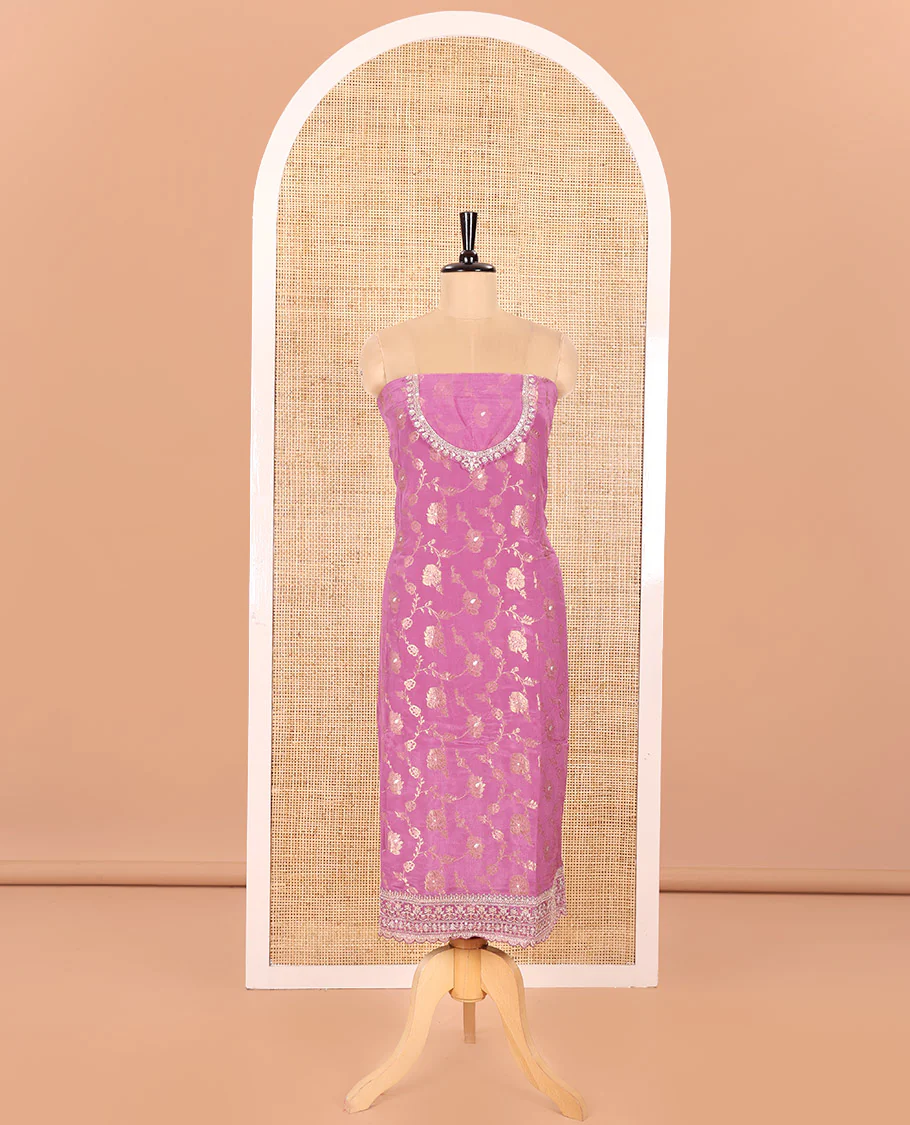 Dark Lavender Chudidar Set Artfully Detailed with Floral Jaal Jacquard Design and Embroidered Viscose Chinon Unstitched Top, Readymade Free Size Chinon Sharara Pants, and a Chinon Embroidered Scallop-Bordered Dupatta - Image 4