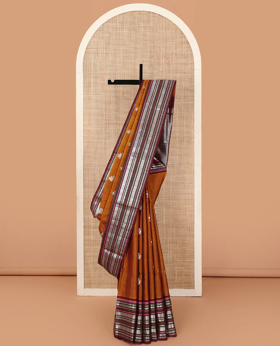Dark mustard bird zari buttas Venkatagiri silk saree, contrast traditional design steeped border, and intricate pallu