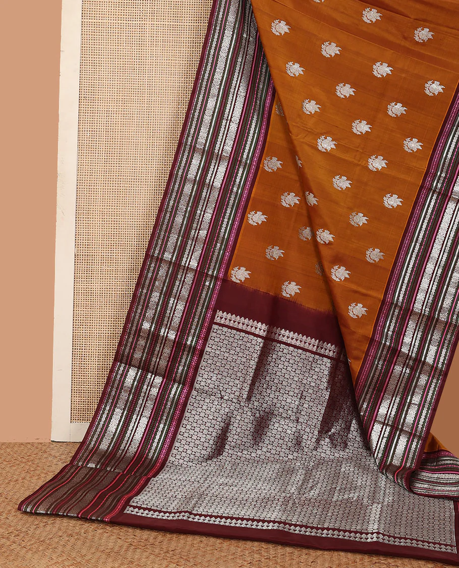 Dark mustard bird zari buttas Venkatagiri silk saree, contrast traditional design steeped border, and intricate pallu - Image 3