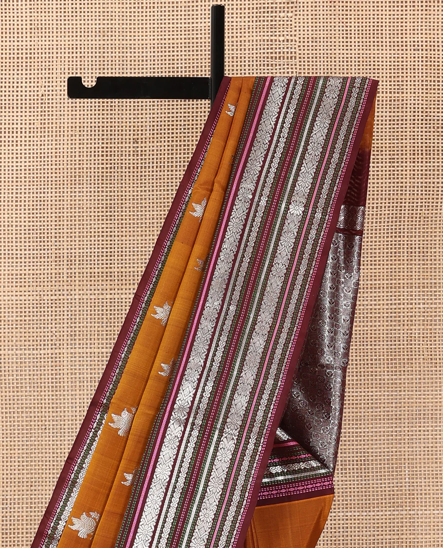 Dark mustard bird zari buttas Venkatagiri silk saree, contrast traditional design steeped border, and intricate pallu - Image 4