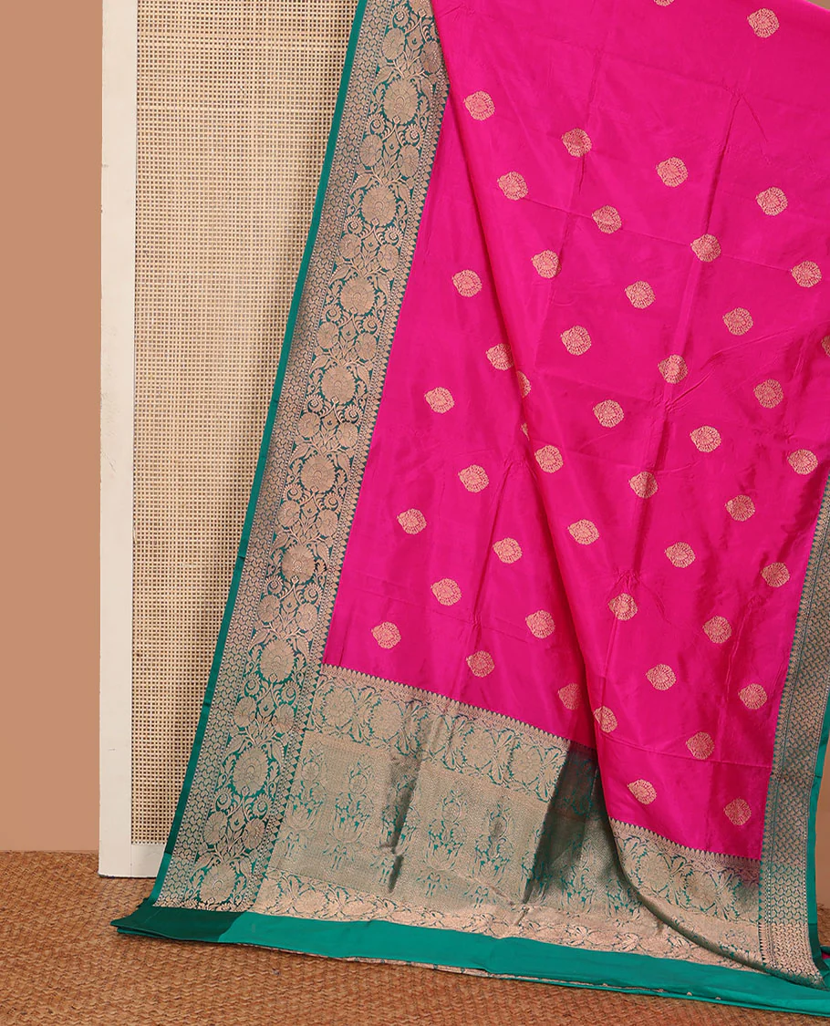Dark pink zari buttas katan silk saree, contrast border and pallu of Mughal style zari designs - Image 2
