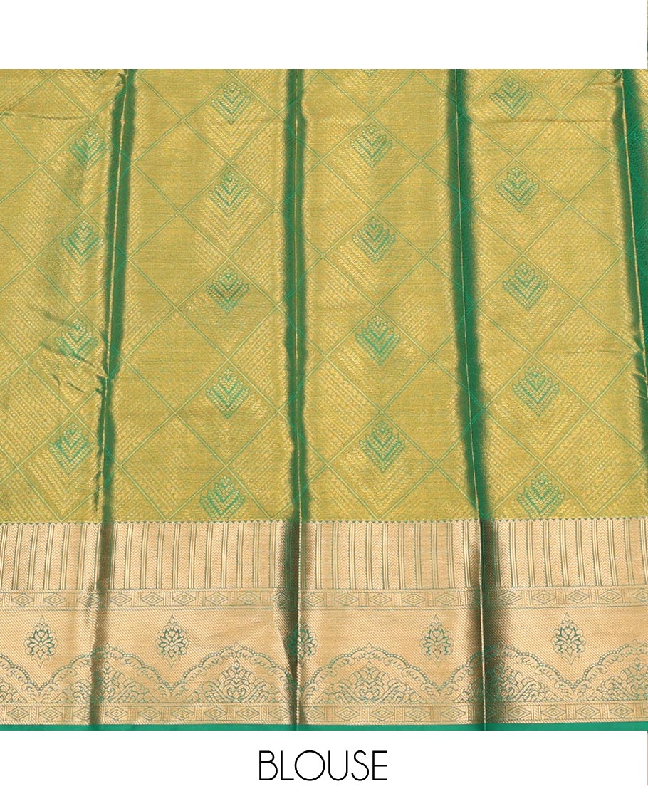 Gold Art Silk Pavadai Material Set, Dazzled with Jacquard Design on Its Skirt, Complemented by a Contrast Traditional Zari Design Border, and Paired with a Contrast Blouse - Image 4