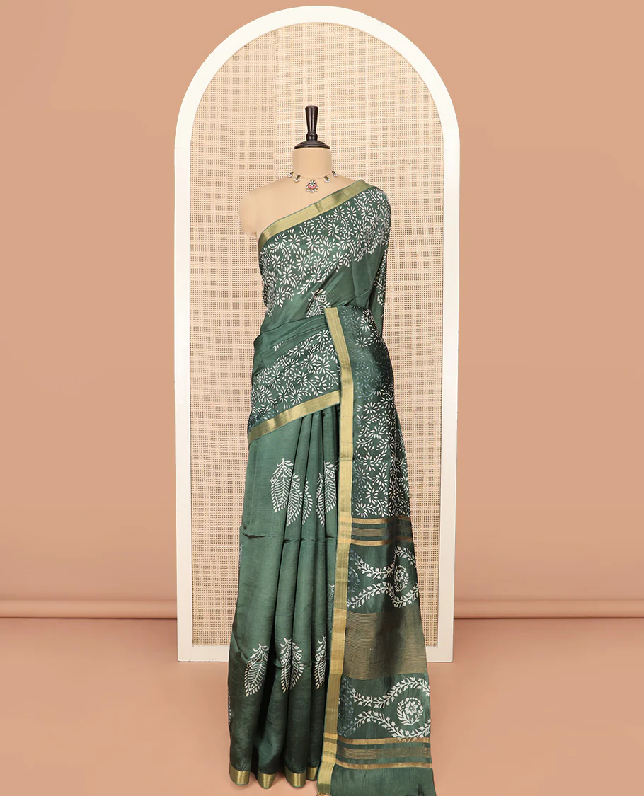 Green Banana Pith Saree Highlighted with Floral Motifs Printed All Over Its Body, Zari Bavanji Border, Pallu of Print and Zari Work, and Paired with a Matching Blouse - Image 3