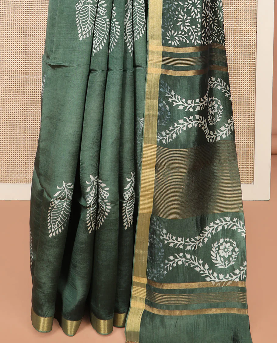 Green Banana Pith Saree Highlighted with Floral Motifs Printed All Over Its Body, Zari Bavanji Border, Pallu of Print and Zari Work, and Paired with a Matching Blouse - Image 4