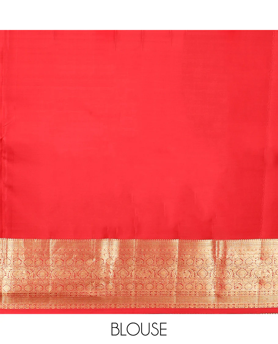 Green Kanchipuram Silk Saree Delicately Woven with Manga Jacquard Design, Complemented by Contrast Border of Thilakam, Chakram, Manga, Kodi Visiry, Mayil, and Jada Nagam Designs, Pallu Gleamed Up with Jaal Designs, and Paired with a Contrast Blouse - Image 6