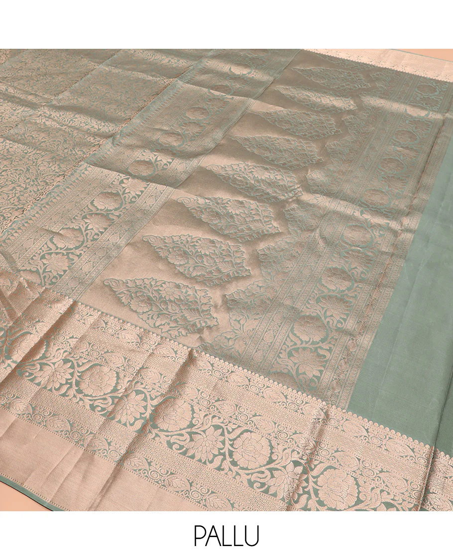 Green Kanchipuram Silk Saree Highlighted by Jacquard Design, Complemented by Zari Border of Thilakam Mokku, Manga, Jaal, and Kodi Visiry Designs, Pallu Elevated with Intricate Zari Designs, and Paired with a Matching Blouse - Image 5